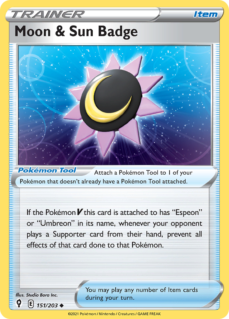 Moon & Sun Badge 151/203 Evolving Skies English Pokemon card