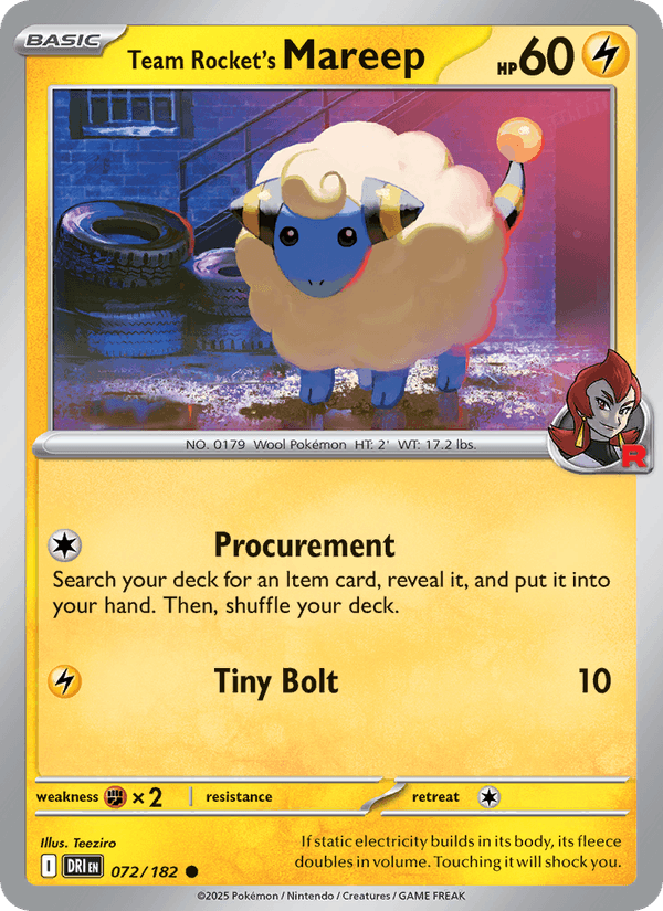 Team Rocket's Mareep 72/182 Destined Rivals English Pokémon card