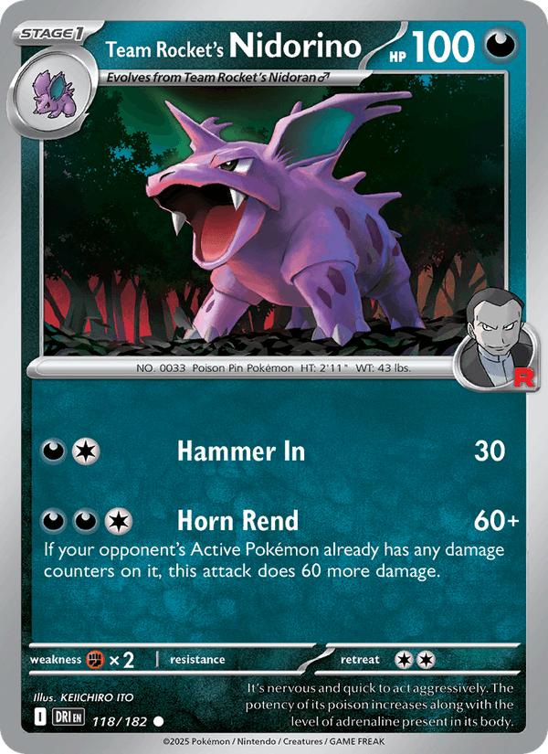 Team Rocket's Nidorino 118/182 Destined Rivals English Pokémon card