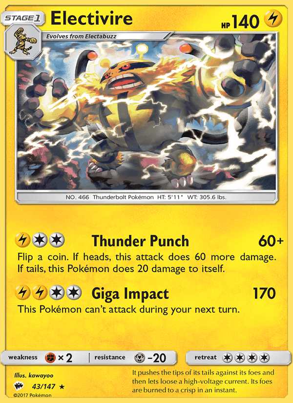 Electivire 43/147 Burning Shadows English Pokémon card