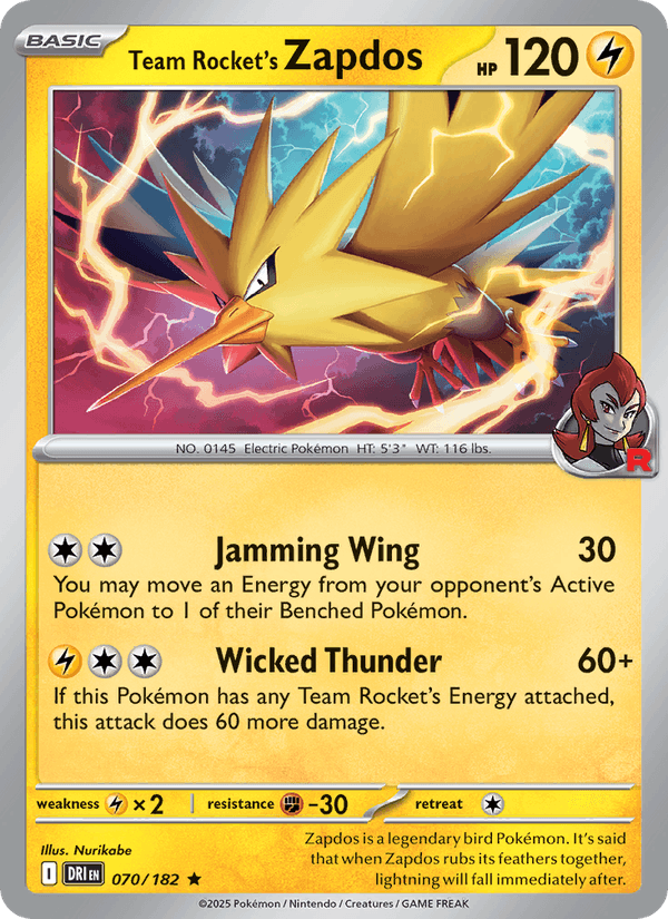 Team Rocket's Zapdos 70/182 Destined Rivals English Pokémon card