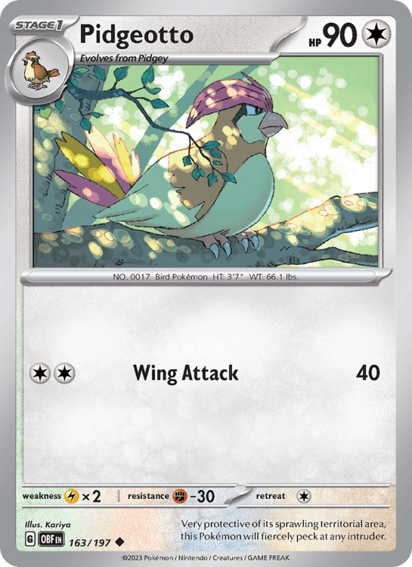Pidgeotto 163/197 Obsidian Flames English Pokémon card
